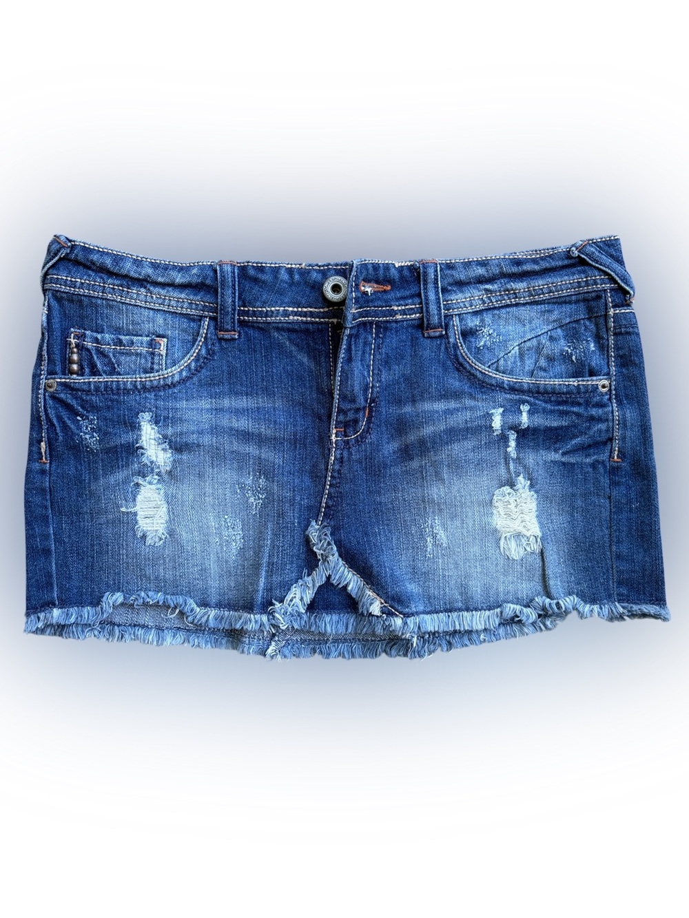 Blue Asphalt Distressed Low Rise Denim Micro Mini Skirt